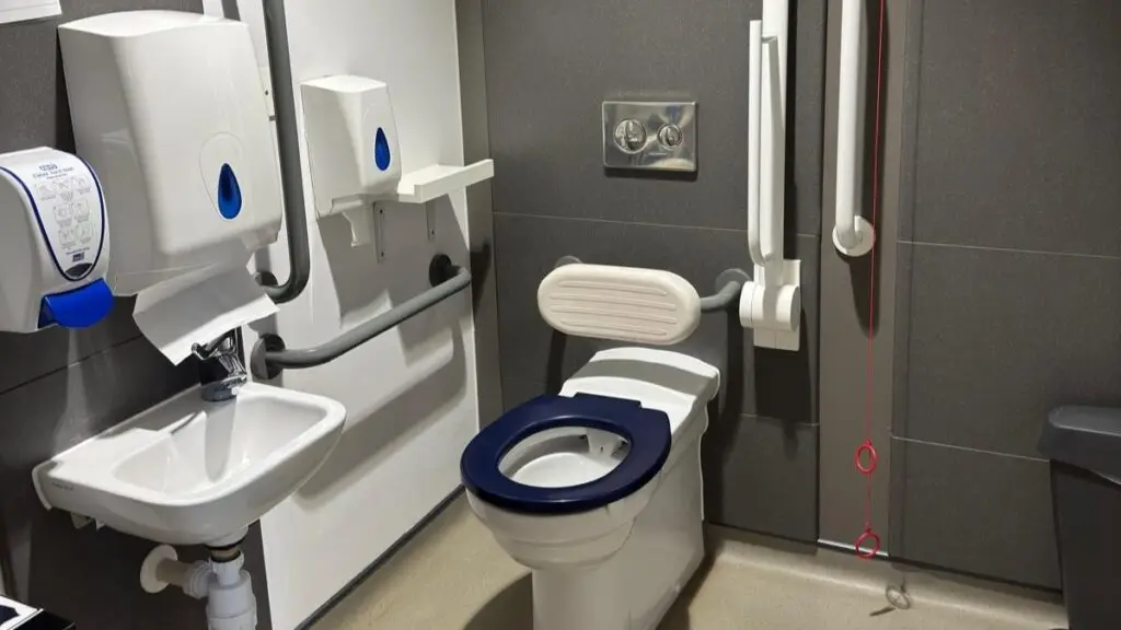 Home Adaption Specialists: Accessible restroom featuring a white toilet with a dark blue seat, grab bars, and a drop-down support rail next to a small sink.